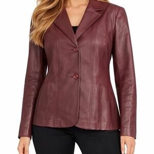 METROSTYLE Womens Leather Jacket Size 12  Burgundy Lined Button Front Soft Shell